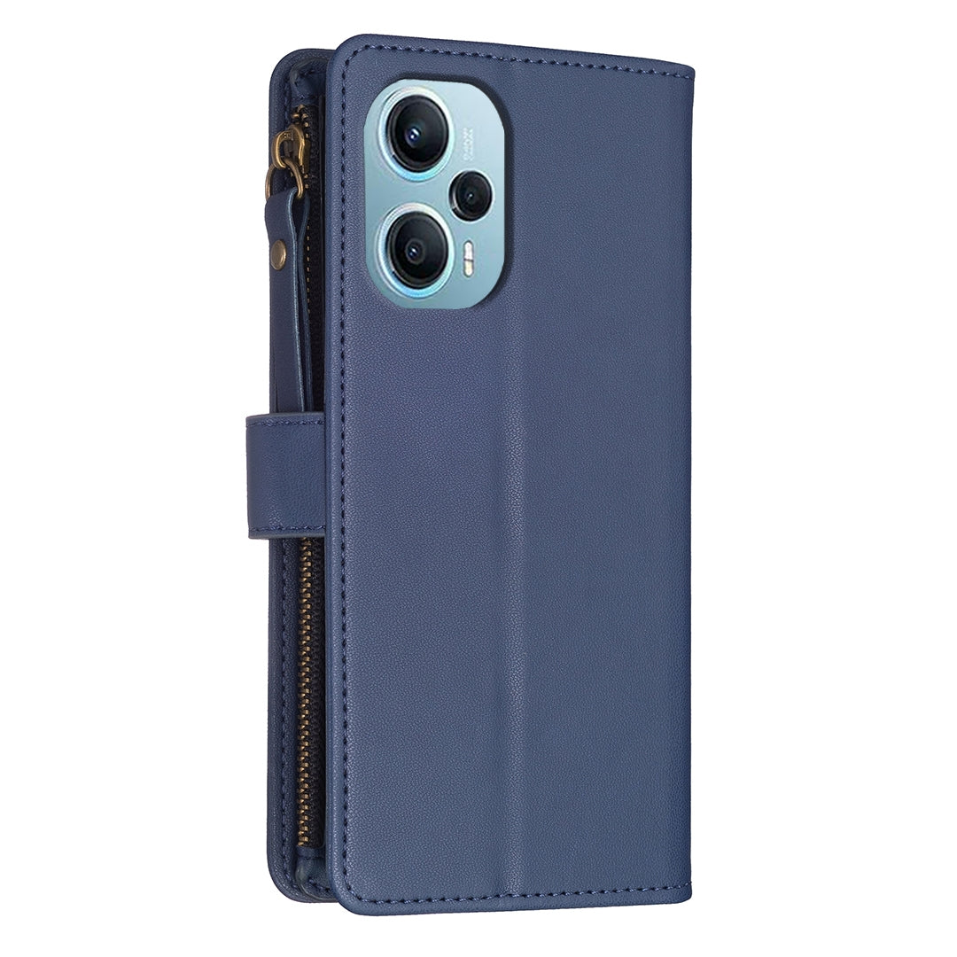 Xiaomi Poco F5 5G Leather Flip Wallet Phone Case with 9 Card Slots, Zipper Compartment, and Adjustable Stand