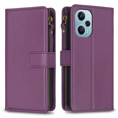 Xiaomi Poco F5 5G Leather Flip Wallet Phone Case with 9 Card Slots, Zipper Compartment, and Adjustable Stand