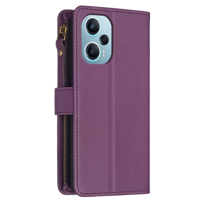 Xiaomi Poco F5 5G Leather Flip Wallet Phone Case with 9 Card Slots, Zipper Compartment, and Adjustable Stand