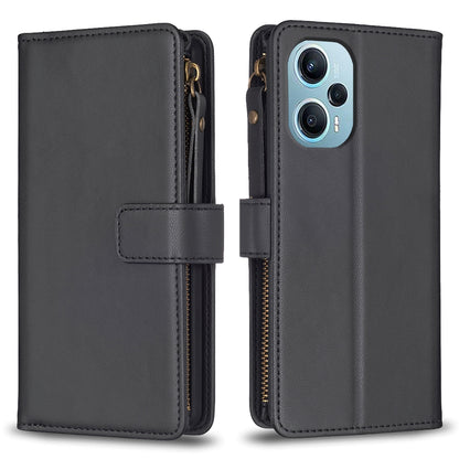 Xiaomi Poco F5 5G Leather Flip Wallet Phone Case with 9 Card Slots, Zipper Compartment, and Adjustable Stand