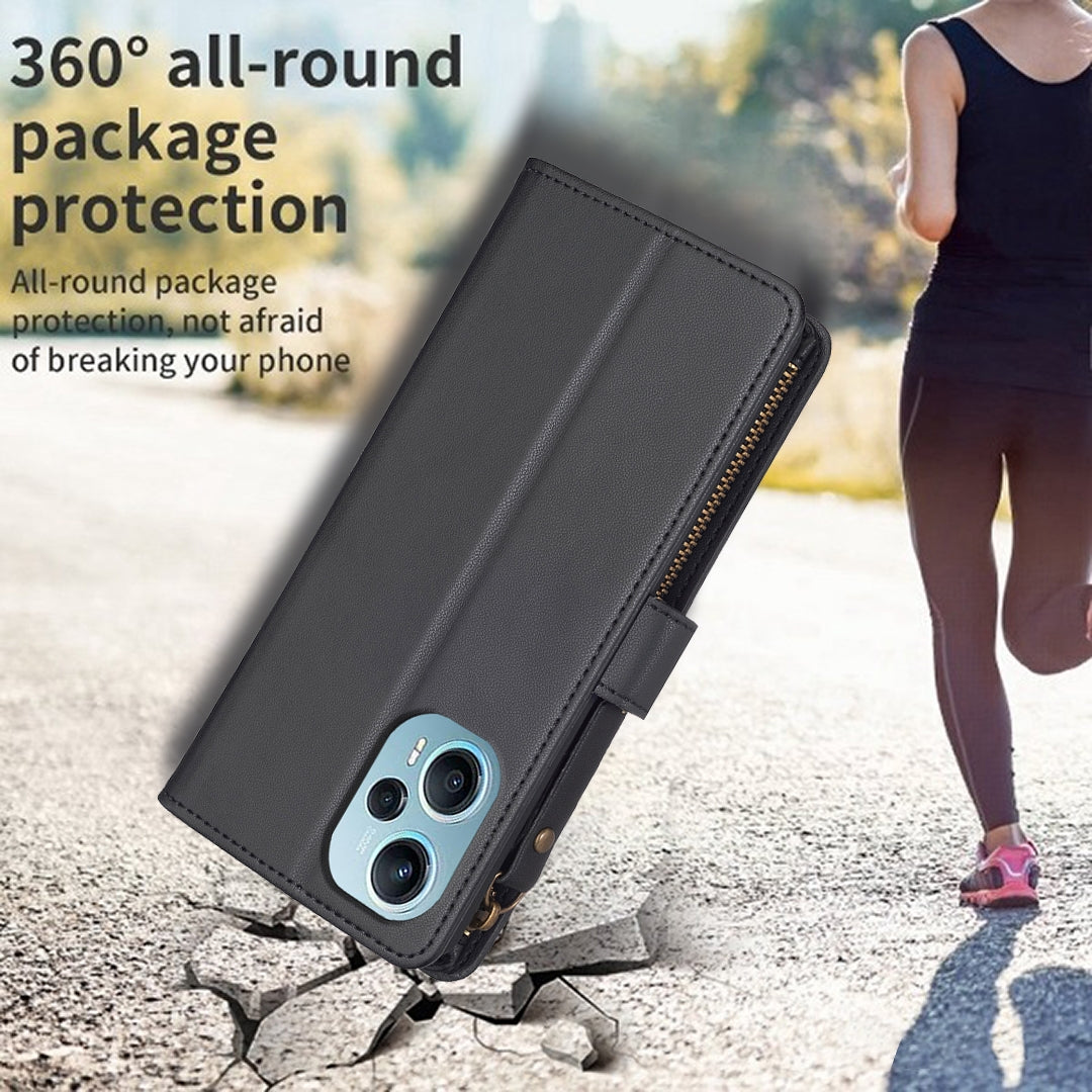 Xiaomi Poco F5 5G Leather Flip Wallet Phone Case with 9 Card Slots, Zipper Compartment, and Adjustable Stand