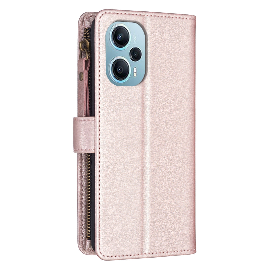 Xiaomi Poco F5 5G Leather Flip Wallet Phone Case with 9 Card Slots, Zipper Compartment, and Adjustable Stand