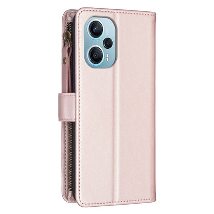Xiaomi Poco F5 5G Leather Flip Wallet Phone Case with 9 Card Slots, Zipper Compartment, and Adjustable Stand