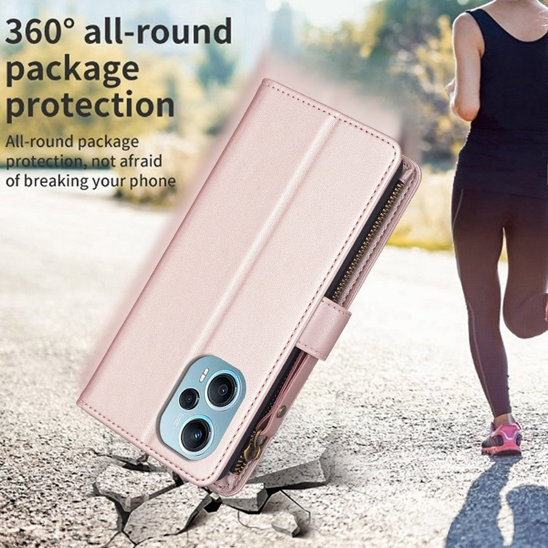 Xiaomi Poco F5 5G Leather Flip Wallet Phone Case with 9 Card Slots, Zipper Compartment, and Adjustable Stand