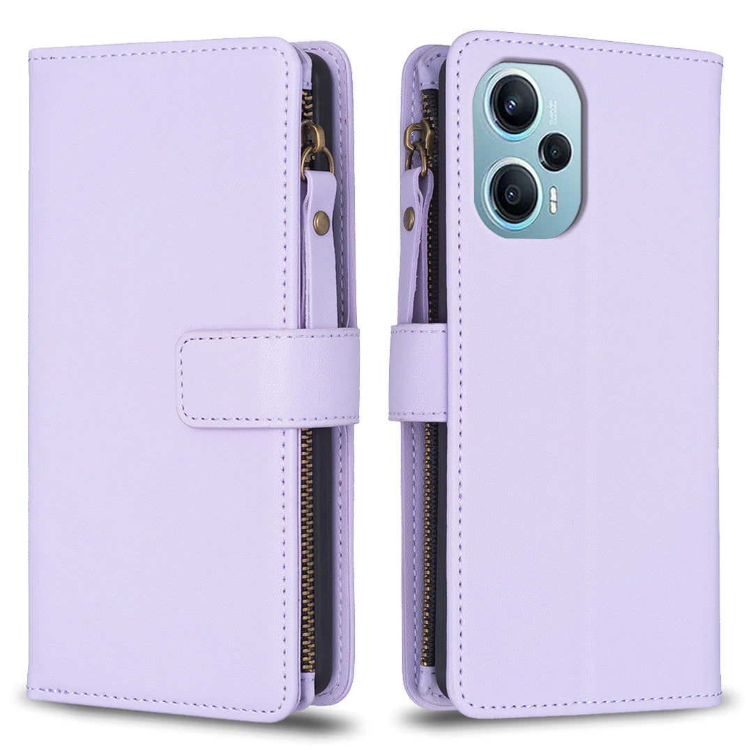 Xiaomi Poco F5 5G Leather Flip Wallet Phone Case with 9 Card Slots, Zipper Compartment, and Adjustable Stand