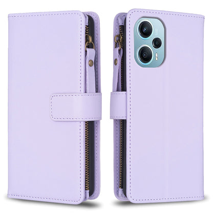 Xiaomi Poco F5 5G Leather Flip Wallet Phone Case with 9 Card Slots, Zipper Compartment, and Adjustable Stand