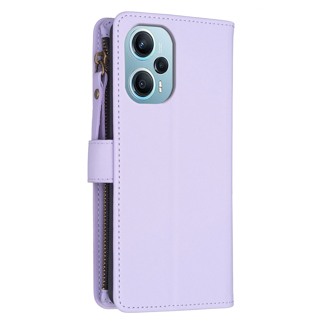 Xiaomi Poco F5 5G Leather Flip Wallet Phone Case with 9 Card Slots, Zipper Compartment, and Adjustable Stand