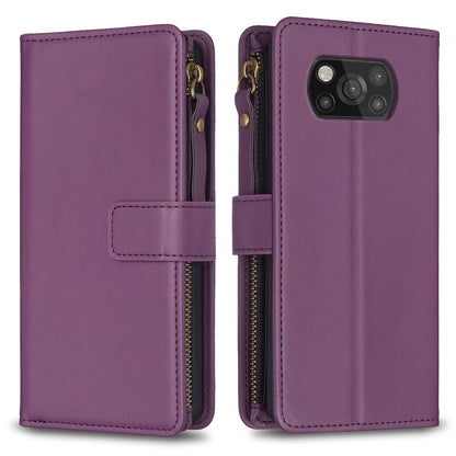 Xiaomi Poco X3 Leather Flip Wallet Phone Case with 9 Card Slots, Zipper Compartment, and Adjustable Stand