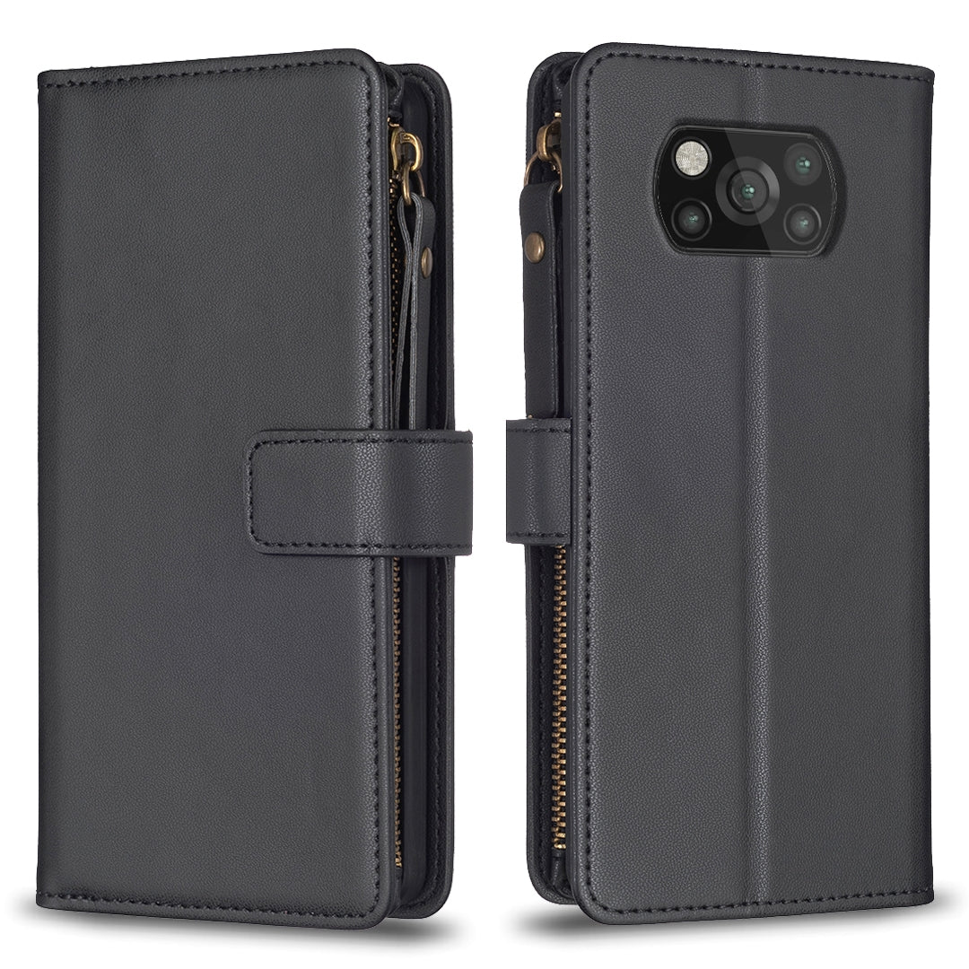 Xiaomi Poco X3 Leather Flip Wallet Phone Case with 9 Card Slots, Zipper Compartment, and Adjustable Stand