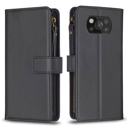 Xiaomi Poco X3 Leather Flip Wallet Phone Case with 9 Card Slots, Zipper Compartment, and Adjustable Stand
