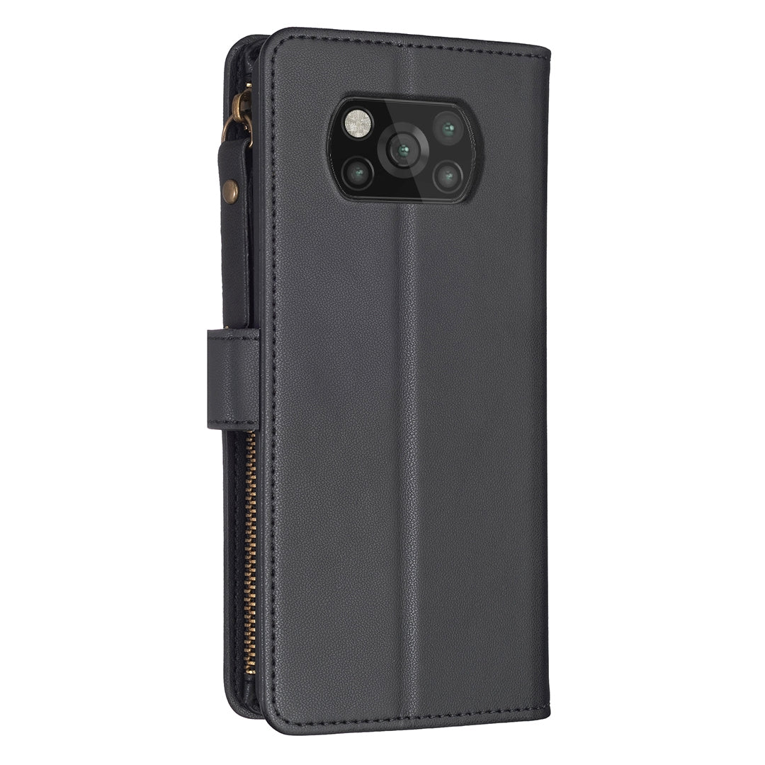 Xiaomi Poco X3 Leather Flip Wallet Phone Case with 9 Card Slots, Zipper Compartment, and Adjustable Stand
