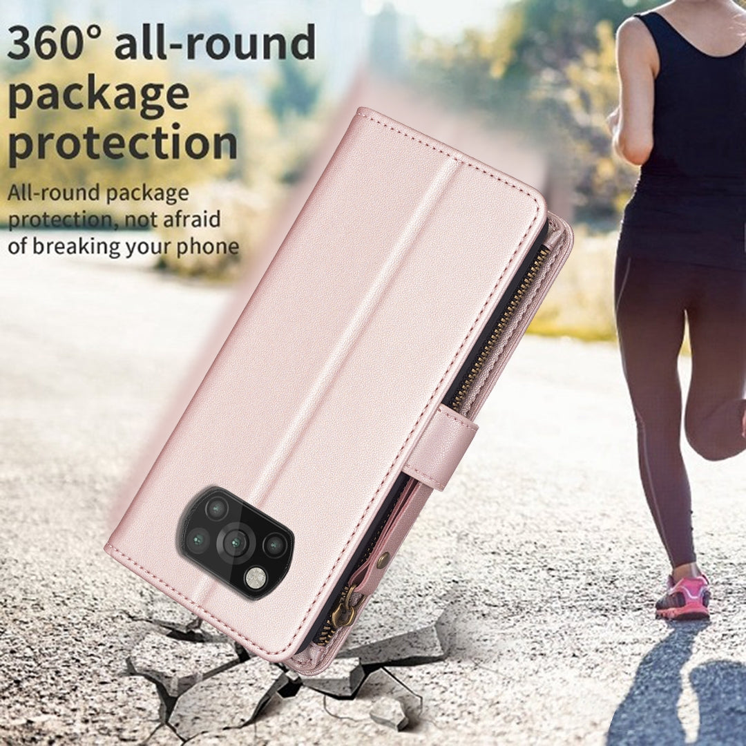 Xiaomi Poco X3 Leather Flip Wallet Phone Case with 9 Card Slots, Zipper Compartment, and Adjustable Stand