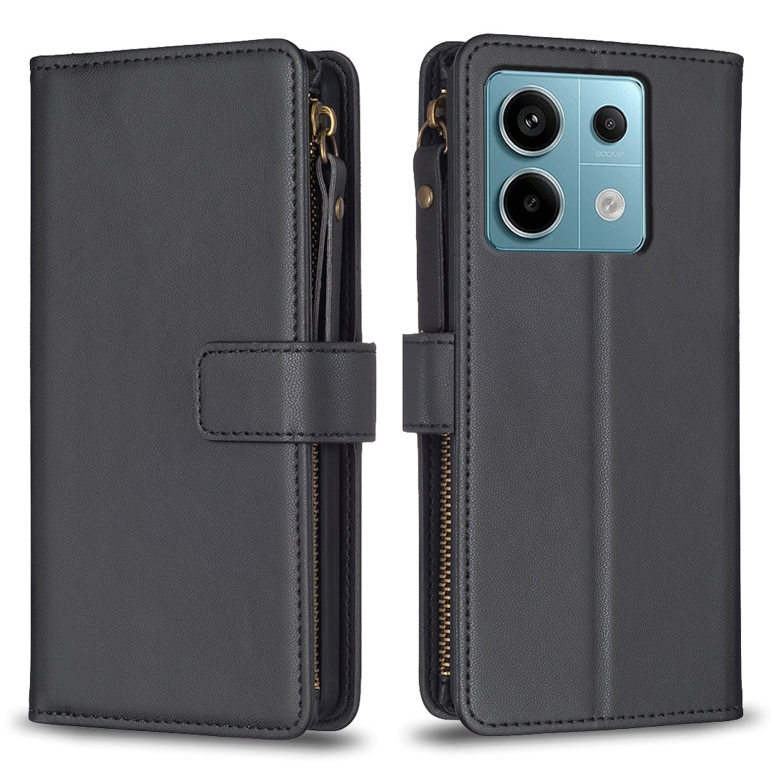 Xiaomi Poco M6 Pro 4G Leather Flip Wallet Phone Case with 9 Card Slots, Zipper Compartment, and Adjustable Stand