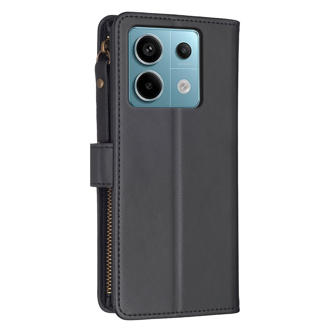 Xiaomi Poco M6 Pro 4G Leather Flip Wallet Phone Case with 9 Card Slots, Zipper Compartment, and Adjustable Stand