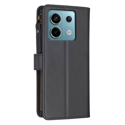 Xiaomi Poco M6 Pro 4G Leather Flip Wallet Phone Case with 9 Card Slots, Zipper Compartment, and Adjustable Stand