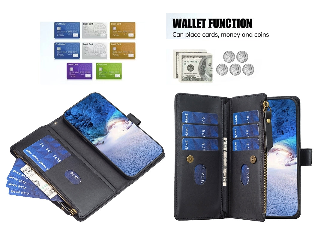 Xiaomi Poco M6 Pro 4G Leather Flip Wallet Phone Case with 9 Card Slots, Zipper Compartment, and Adjustable Stand