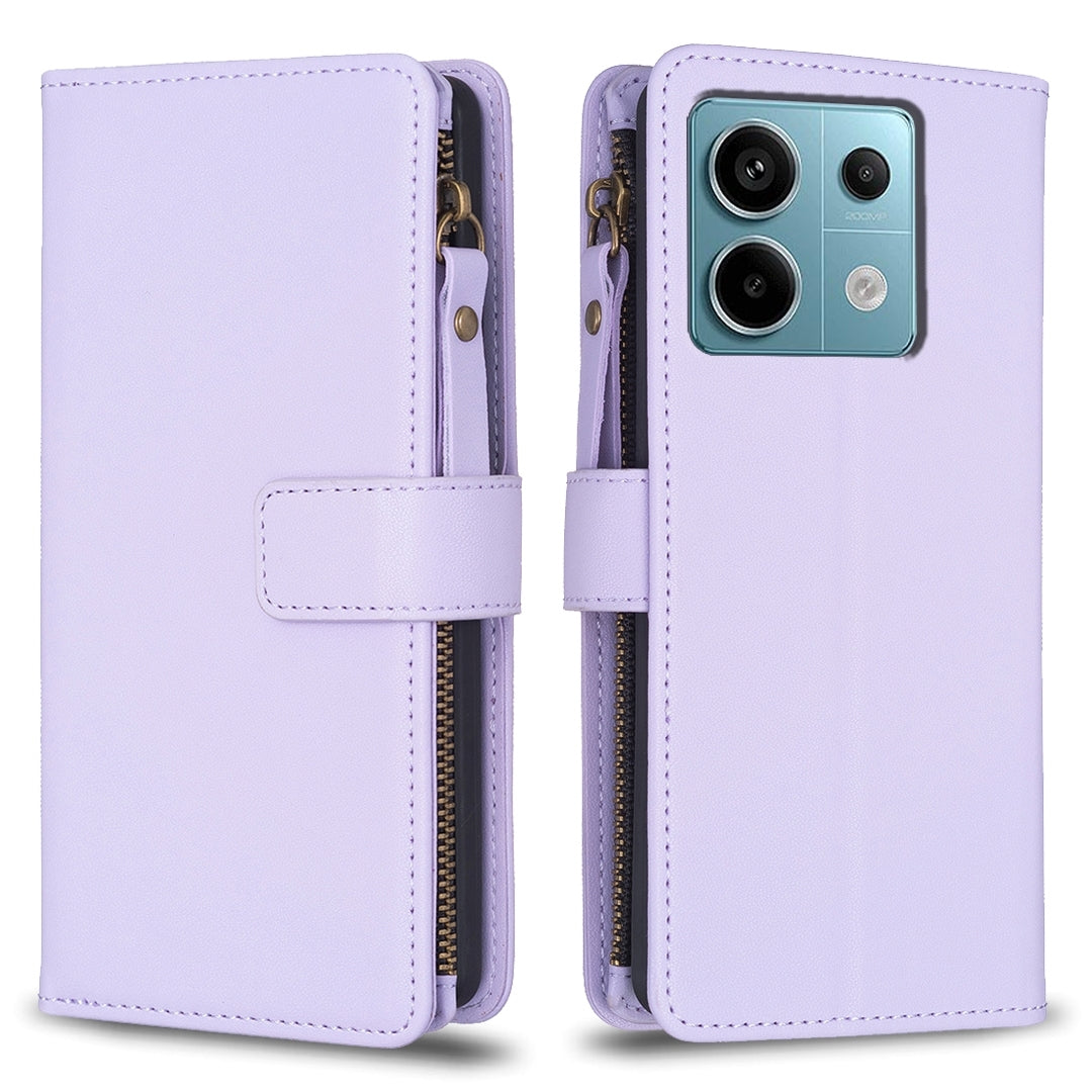 Xiaomi Poco M6 Pro 4G Leather Flip Wallet Phone Case with 9 Card Slots, Zipper Compartment, and Adjustable Stand