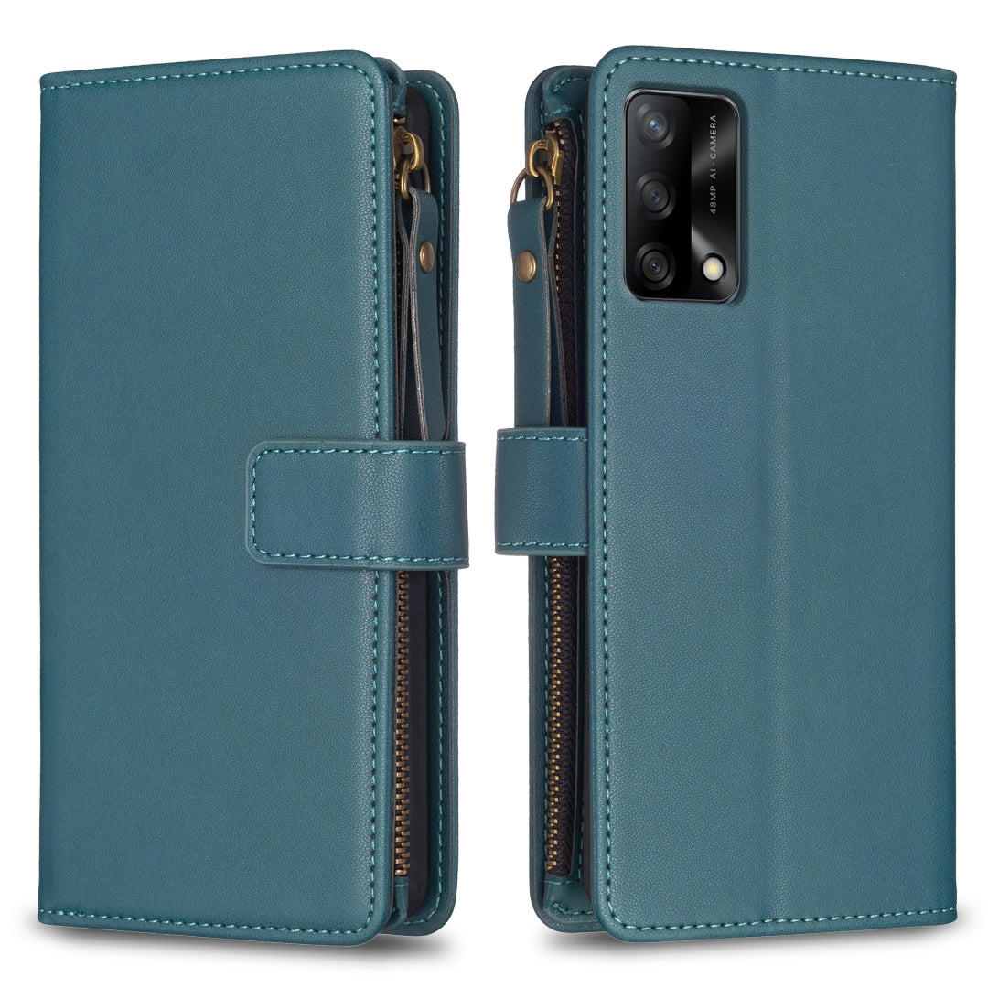 OPPO F19 4G Leather Flip Wallet Phone Case with 9 Card Slots, Zipper Compartment, and Adjustable Stand