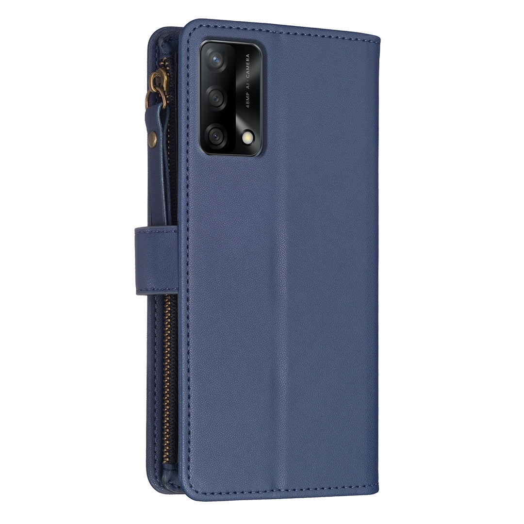 OPPO A74 4G Leather Flip Wallet Phone Case with 9 Card Slots, Zipper Compartment, and Adjustable Stand