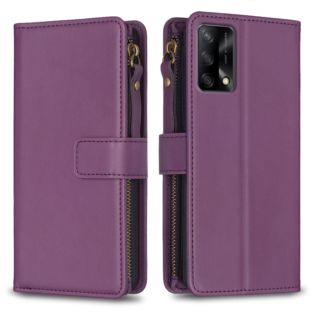 OPPO A74 4G Leather Flip Wallet Phone Case with 9 Card Slots, Zipper Compartment, and Adjustable Stand