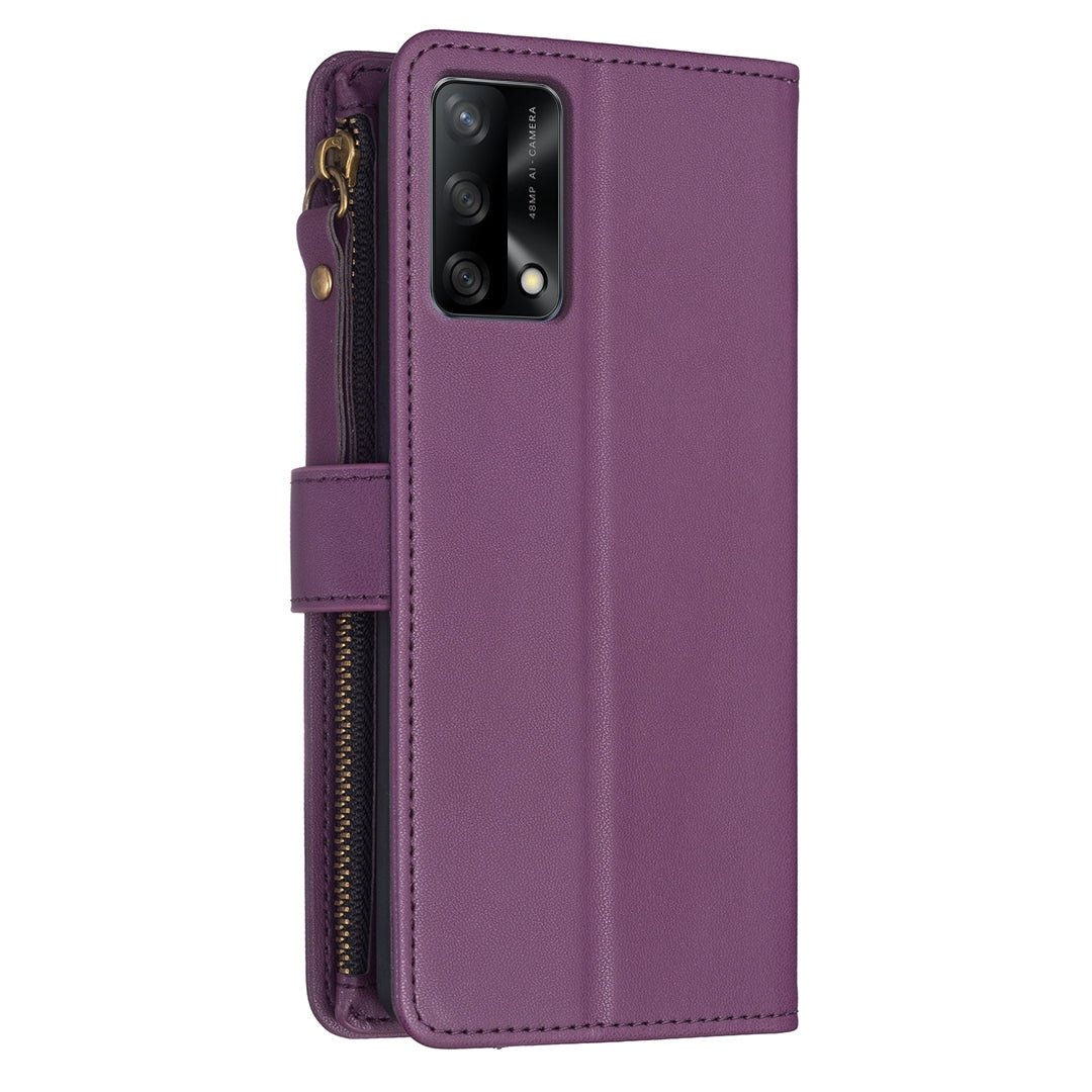OPPO A74 4G Leather Flip Wallet Phone Case with 9 Card Slots, Zipper Compartment, and Adjustable Stand