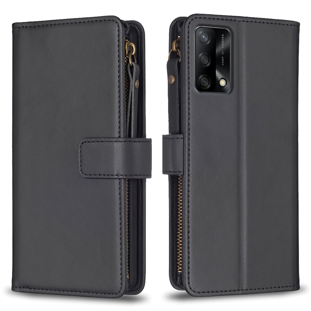 OPPO A74 4G Leather Flip Wallet Phone Case with 9 Card Slots, Zipper Compartment, and Adjustable Stand