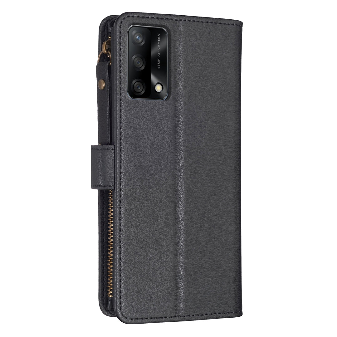 OPPO A74 4G Leather Flip Wallet Phone Case with 9 Card Slots, Zipper Compartment, and Adjustable Stand