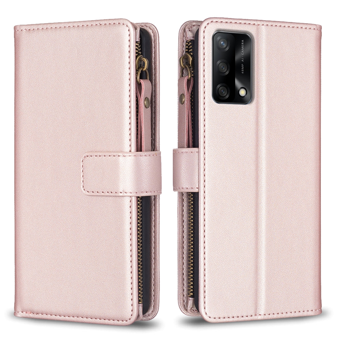 OPPO F19 4G Leather Flip Wallet Phone Case with 9 Card Slots, Zipper Compartment, and Adjustable Stand