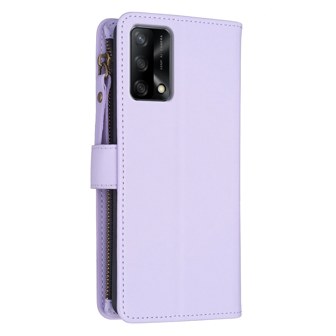 OPPO A74 4G Leather Flip Wallet Phone Case with 9 Card Slots, Zipper Compartment, and Adjustable Stand