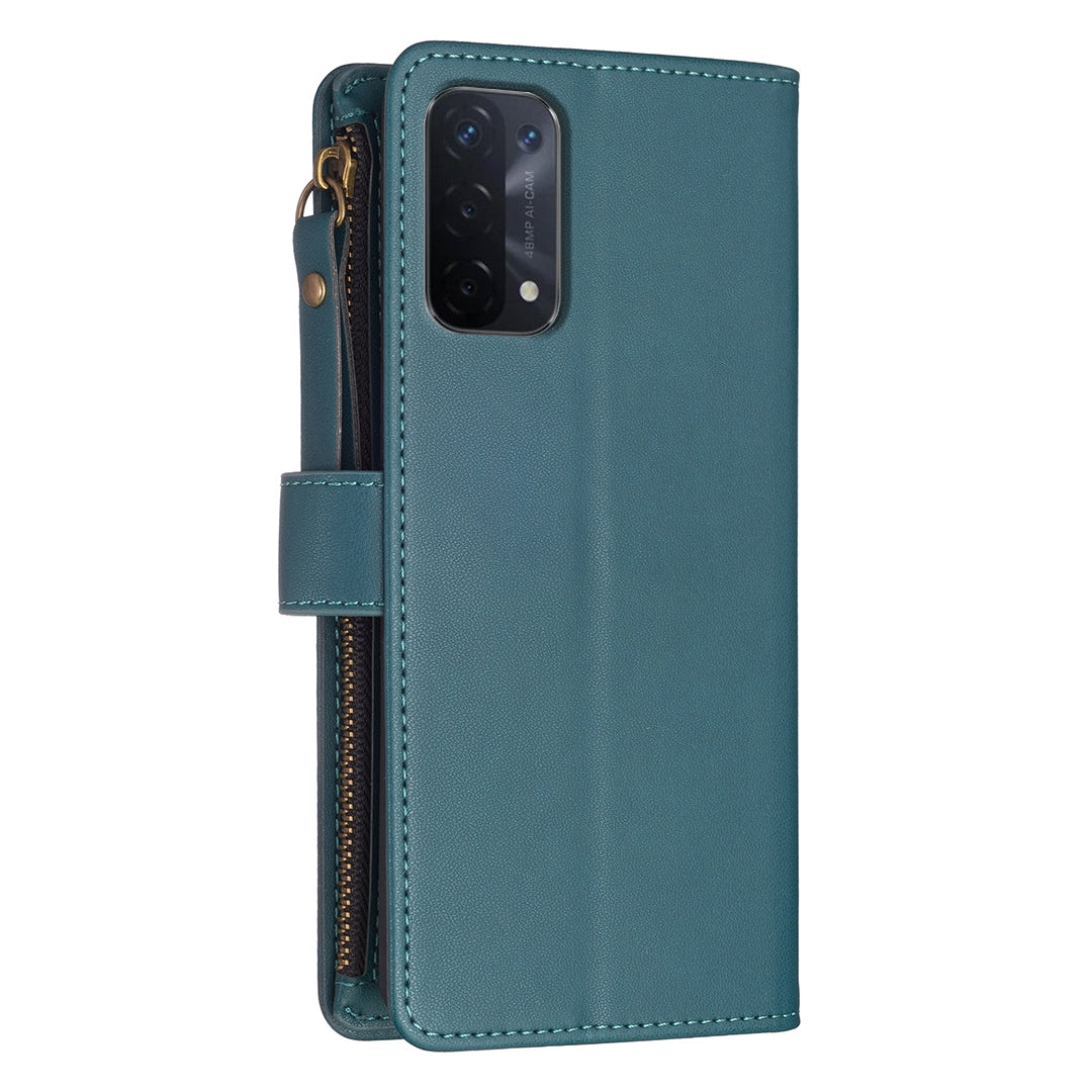 OPPO A54 5G Leather Flip Wallet Phone Case with 9 Card Slots, Zipper Compartment, and Adjustable Stand