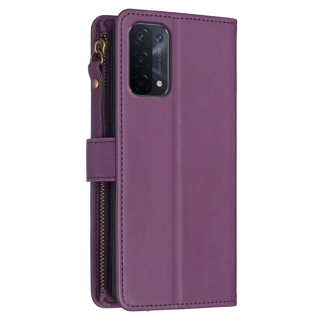 OPPO A54 5G Leather Flip Wallet Phone Case with 9 Card Slots, Zipper Compartment, and Adjustable Stand