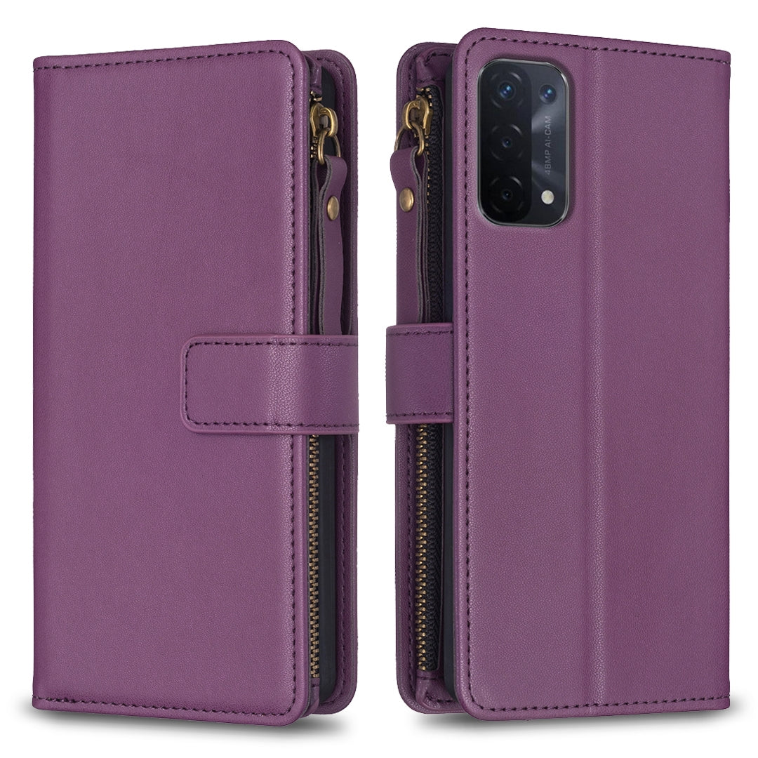 OPPO A93 5G Leather Flip Wallet Phone Case with 9 Card Slots, Zipper Compartment, and Adjustable Stand