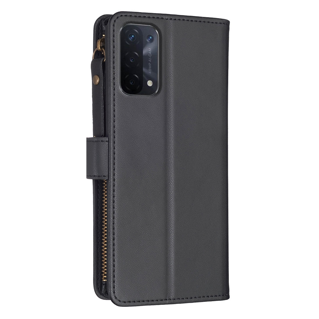 OPPO A54 5G Leather Flip Wallet Phone Case with 9 Card Slots, Zipper Compartment, and Adjustable Stand