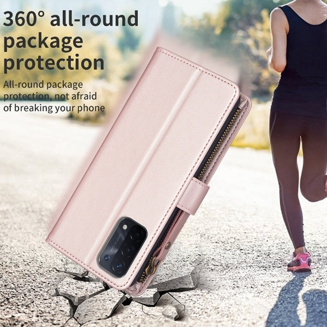 OPPO A54 5G Leather Flip Wallet Phone Case with 9 Card Slots, Zipper Compartment, and Adjustable Stand