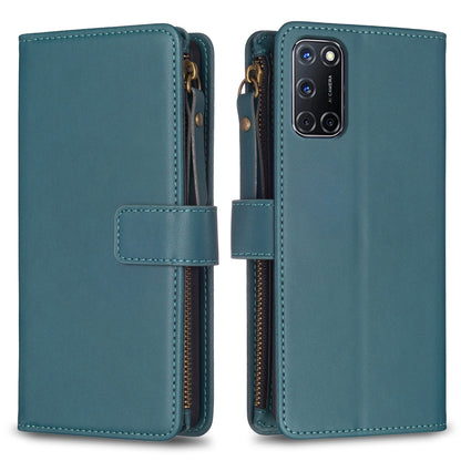 OPPO A92 Leather Flip Wallet Phone Case with 9 Card Slots, Zipper Compartment, and Adjustable Stand