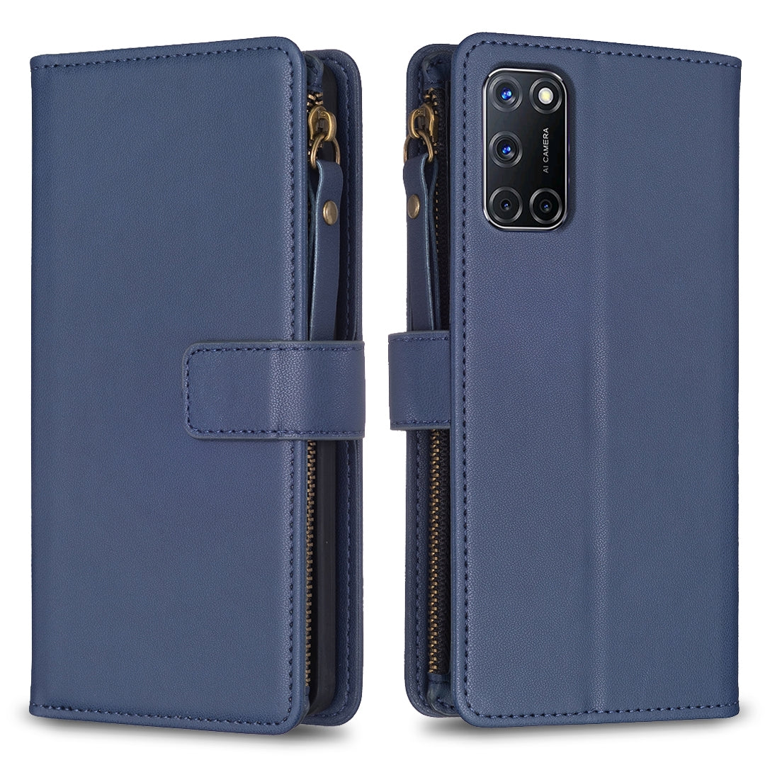 OPPO A92 Leather Flip Wallet Phone Case with 9 Card Slots, Zipper Compartment, and Adjustable Stand
