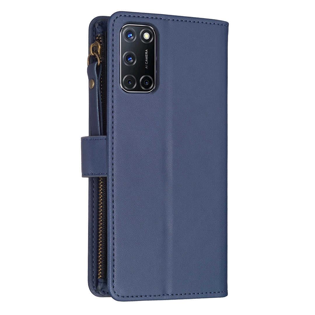 OPPO A72 Leather Flip Wallet Phone Case with 9 Card Slots, Zipper Compartment, and Adjustable Stand