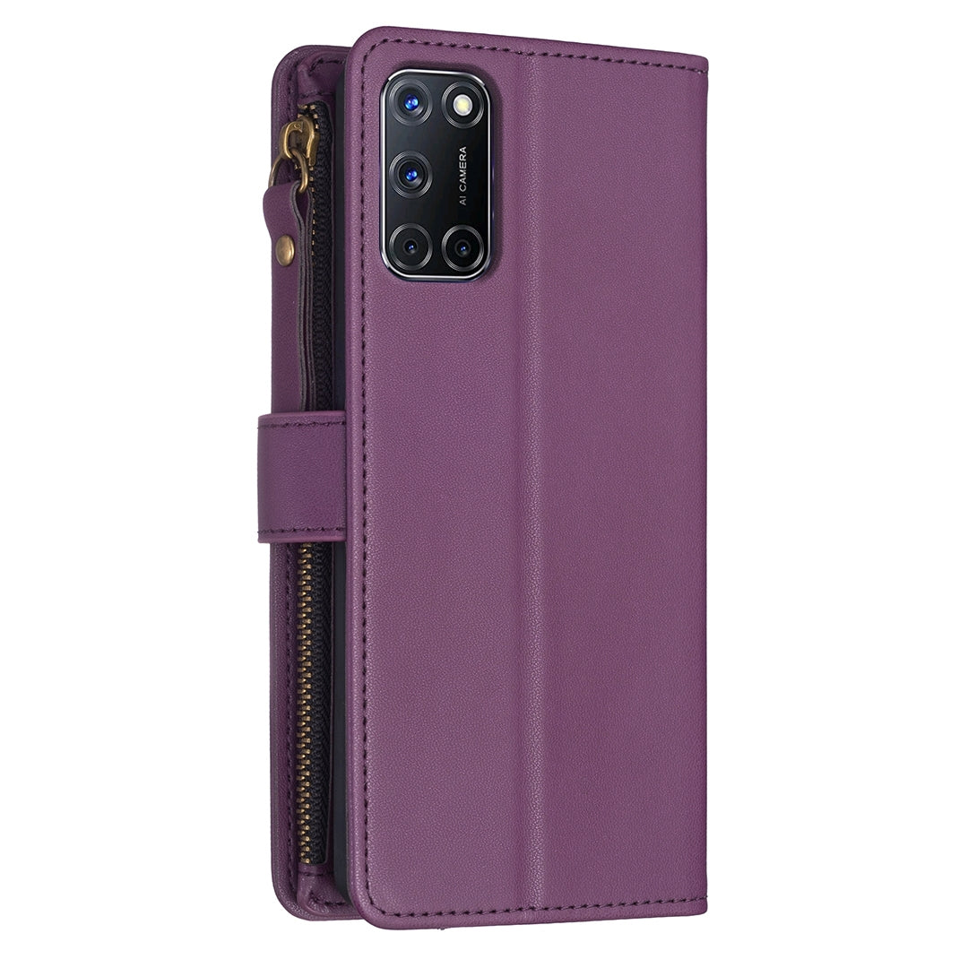 OPPO A52 Leather Flip Wallet Phone Case with 9 Card Slots, Zipper Compartment, and Adjustable Stand