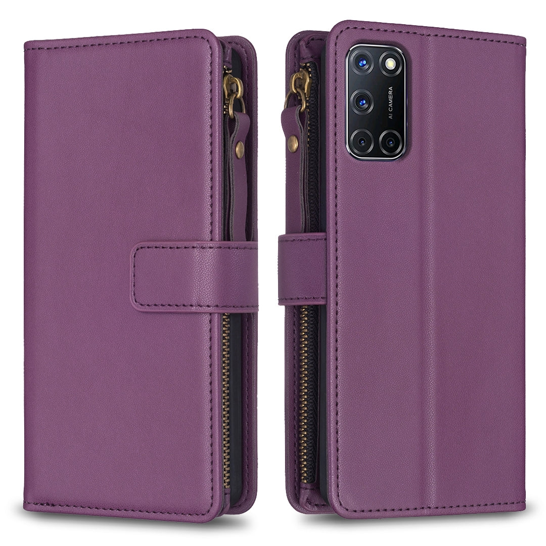 OPPO A72 Leather Flip Wallet Phone Case with 9 Card Slots, Zipper Compartment, and Adjustable Stand