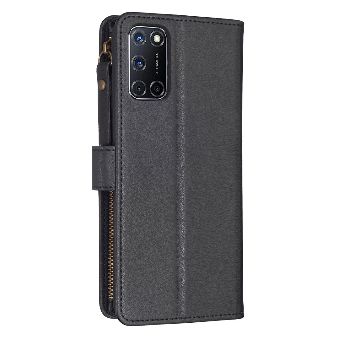 OPPO A52 Leather Flip Wallet Phone Case with 9 Card Slots, Zipper Compartment, and Adjustable Stand
