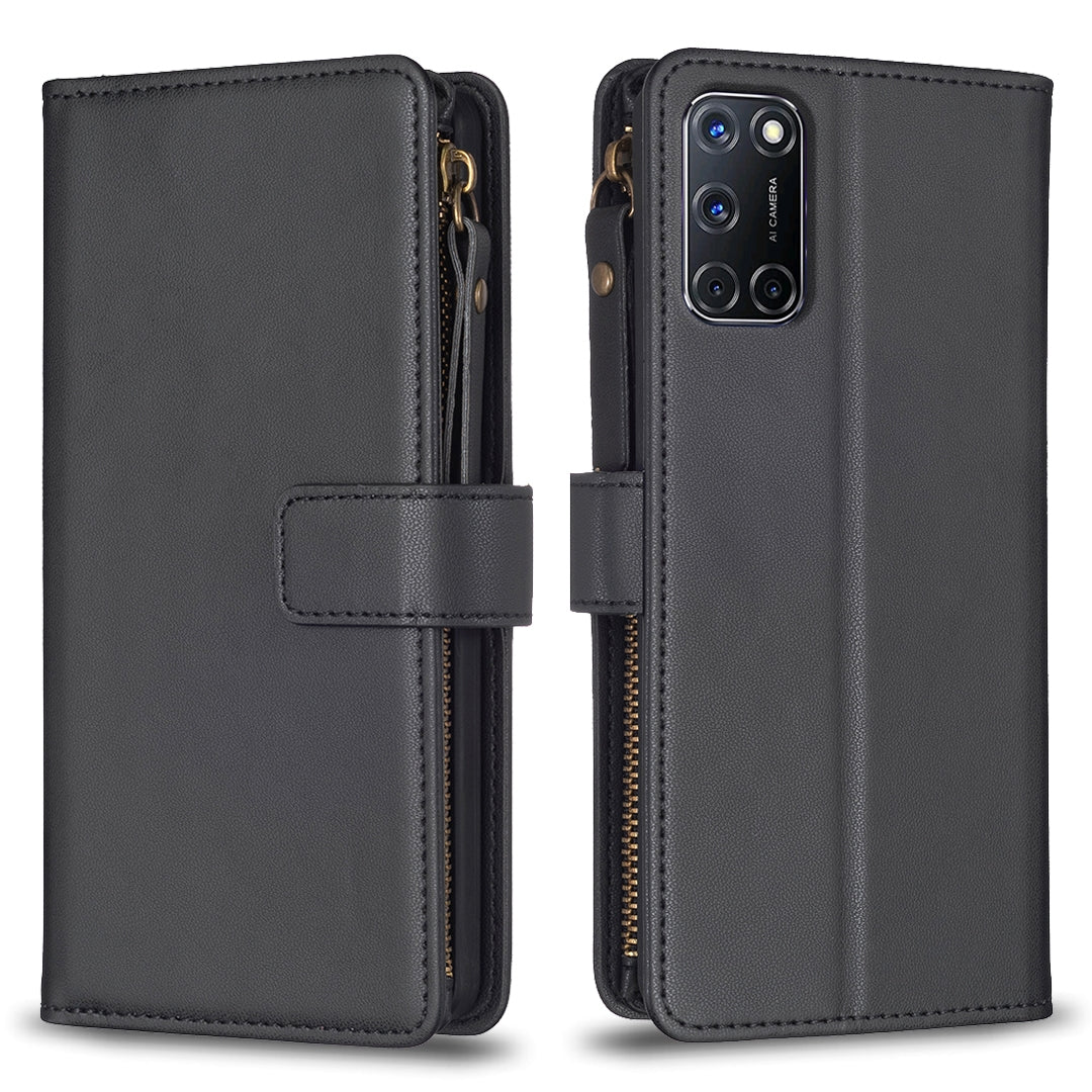 OPPO A72 Leather Flip Wallet Phone Case with 9 Card Slots, Zipper Compartment, and Adjustable Stand