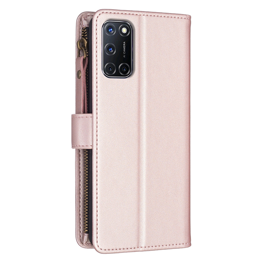 OPPO A52 Leather Flip Wallet Phone Case with 9 Card Slots, Zipper Compartment, and Adjustable Stand
