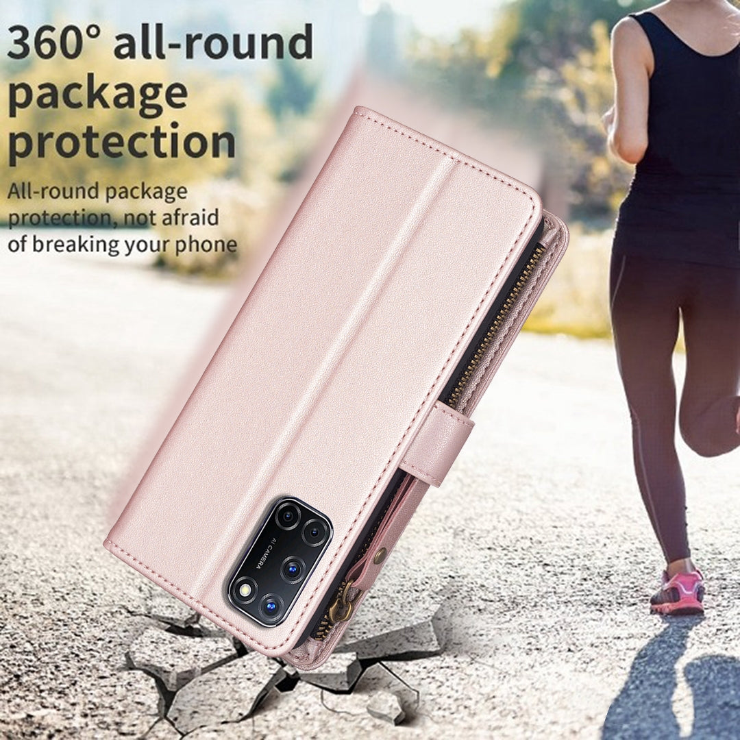 OPPO A92 Leather Flip Wallet Phone Case with 9 Card Slots, Zipper Compartment, and Adjustable Stand