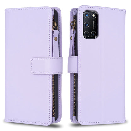 OPPO A92 Leather Flip Wallet Phone Case with 9 Card Slots, Zipper Compartment, and Adjustable Stand