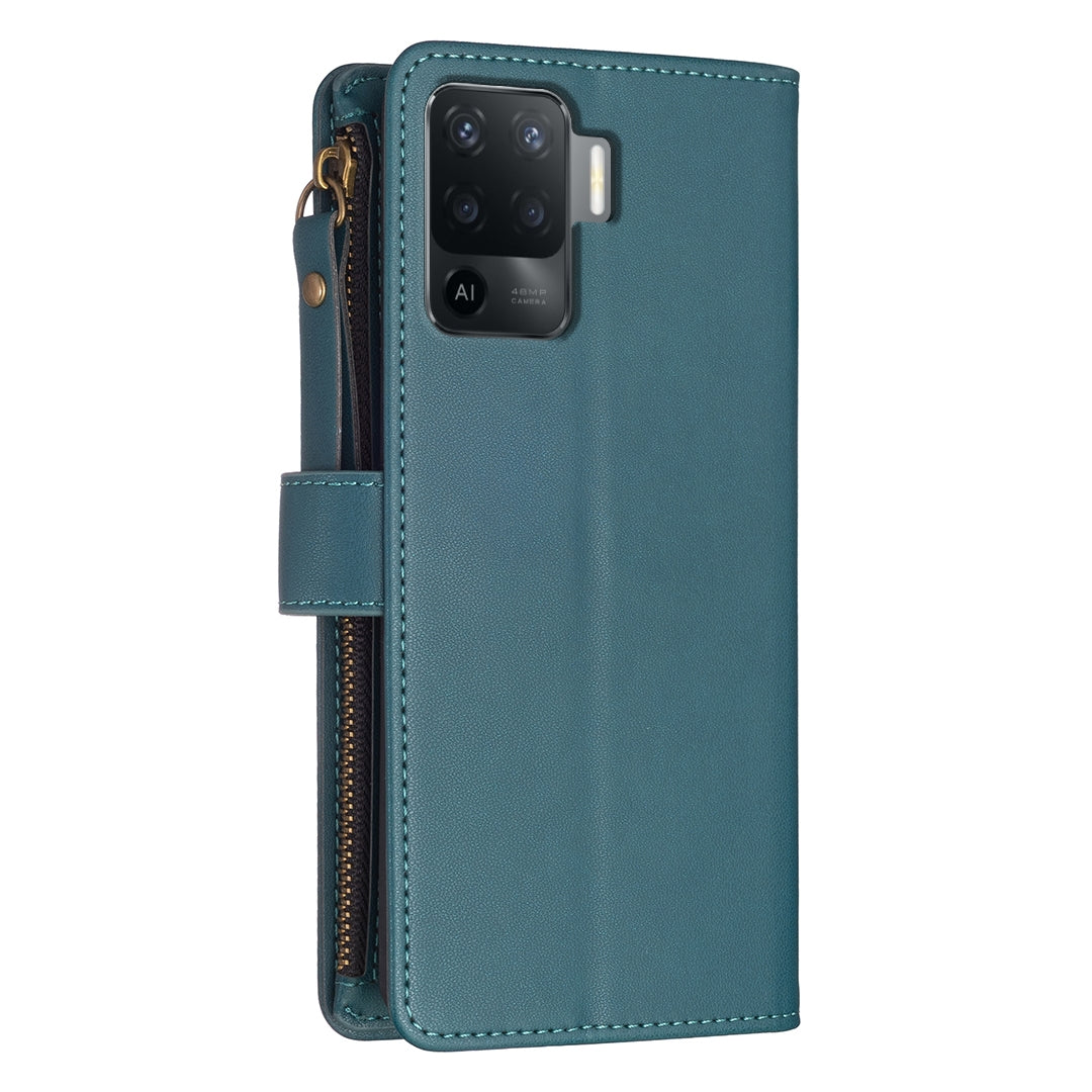 OPPO F19 Pro Leather Flip Wallet Phone Case with 9 Card Slots, Zipper Compartment, and Adjustable Stand