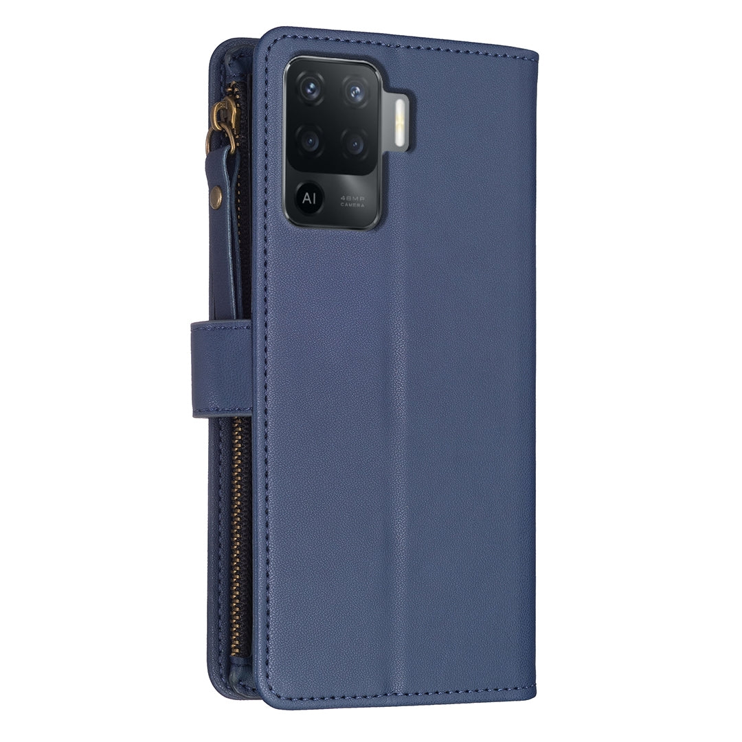 OPPO Reno5 F Leather Flip Wallet Phone Case with 9 Card Slots, Zipper Compartment, and Adjustable Stand