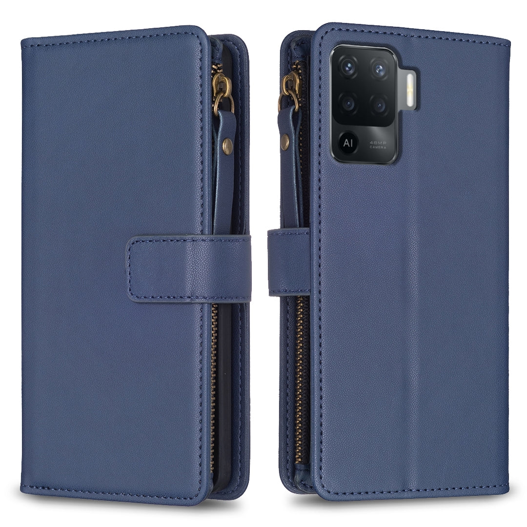 OPPO Reno5 F Leather Flip Wallet Phone Case with 9 Card Slots, Zipper Compartment, and Adjustable Stand