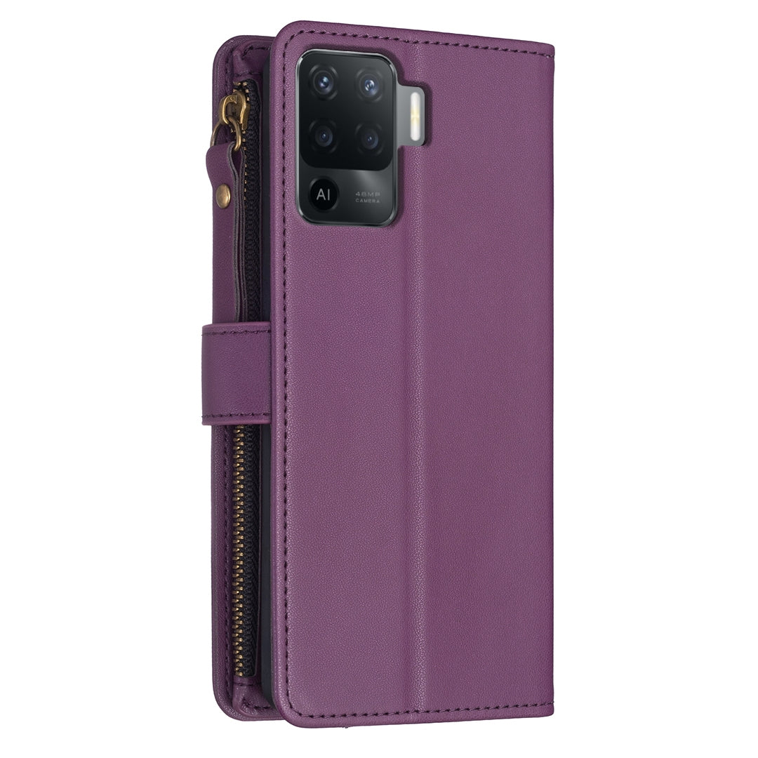 OPPO Reno5 F Leather Flip Wallet Phone Case with 9 Card Slots, Zipper Compartment, and Adjustable Stand