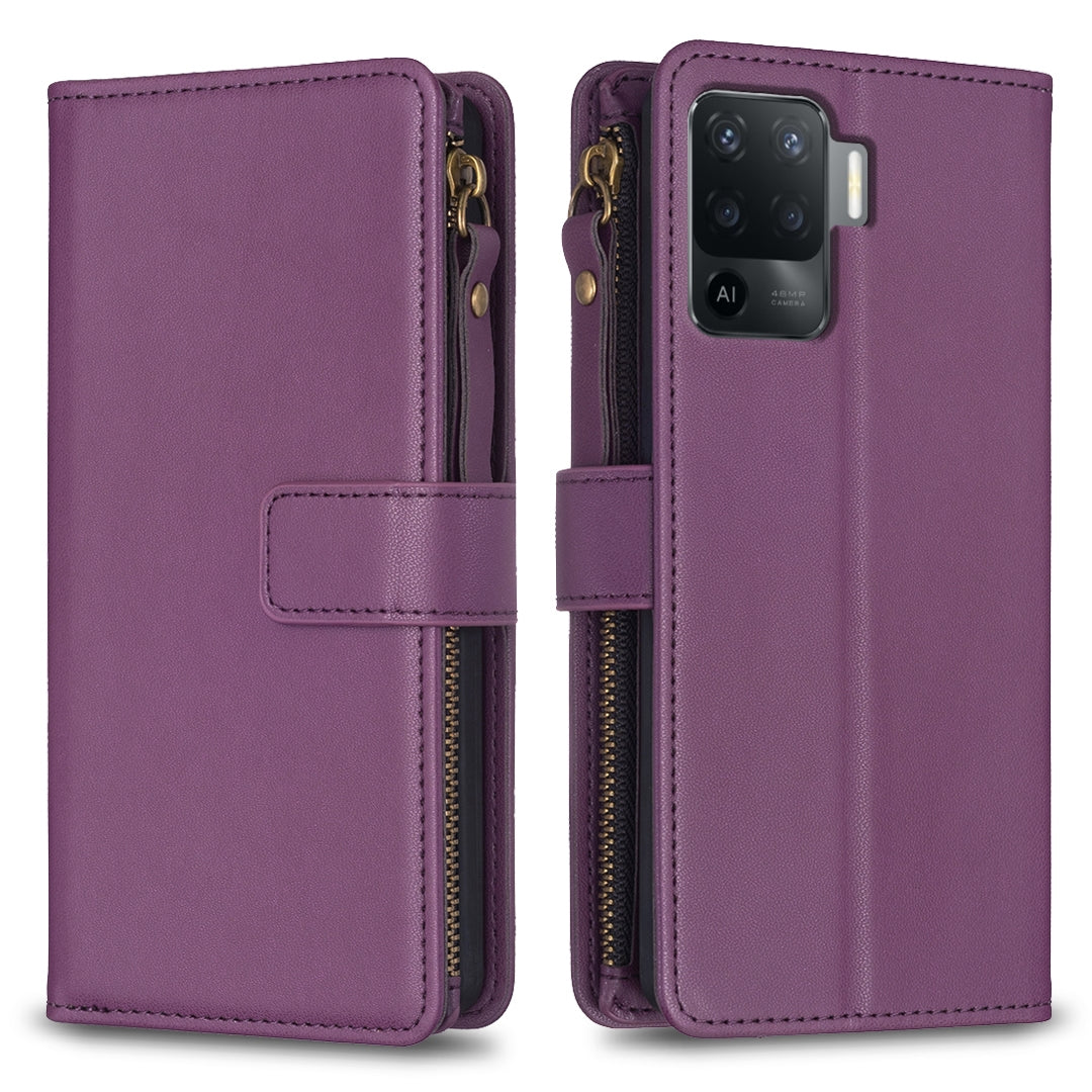 OPPO Reno5 F Leather Flip Wallet Phone Case with 9 Card Slots, Zipper Compartment, and Adjustable Stand