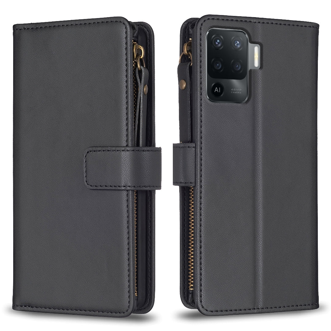 OPPO Reno5 F Leather Flip Wallet Phone Case with 9 Card Slots, Zipper Compartment, and Adjustable Stand